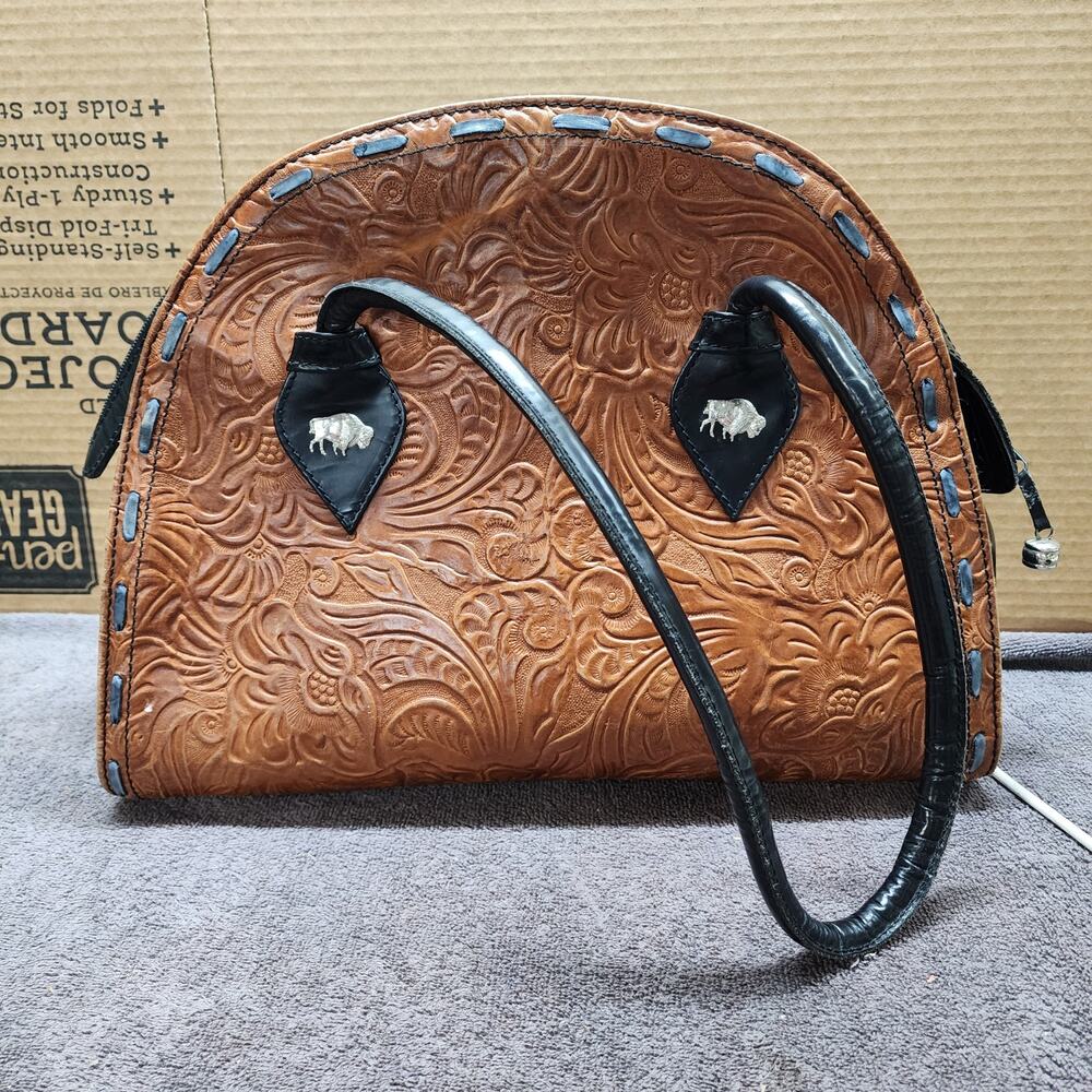 Donald J. Pilner large tooled leather bag western buffalo E